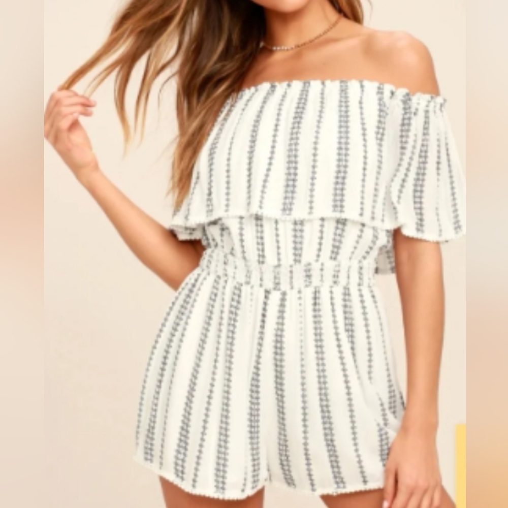 Lulus See Ya There White Print Off-the-Shoulder Romper